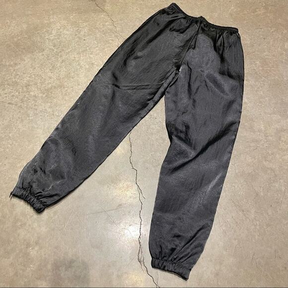 Vintage 90s Joggers Black Satin Windbreaker Track Drawstring Pant Athleisure L - Picture 9 of 9
